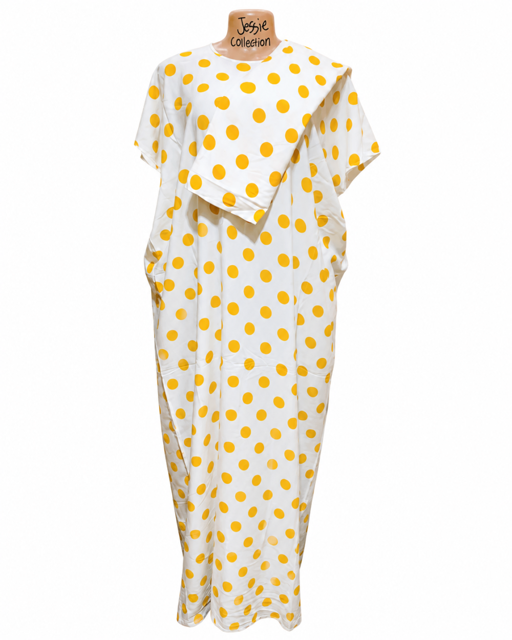 1ad17fd6-d5fd-4b29-8df4-2ed314e514e7 Caftan — White with Gold Polka Dot Print